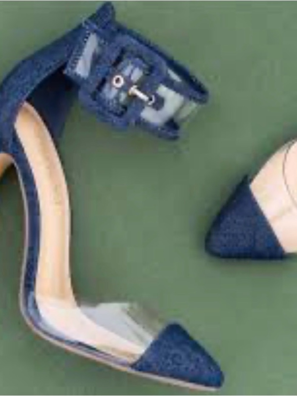 Shoe Dazzle Navy Pointed Toe Ankle Strap Heels with Clear Side Panel